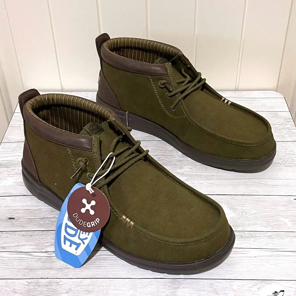 Hey Dude Wally Mid Gripr Vin Classic Mens Dark Olive Mole Brown Boots Sz 11 NEW